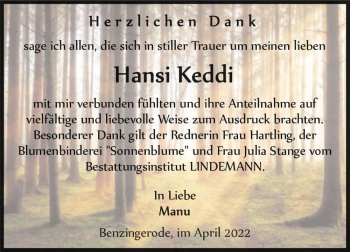 Traueranzeige von Hansi Keddi  von Magdeburger Volksstimme