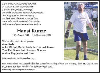 Traueranzeige von Hansi Kunze  von Magdeburger Volksstimme