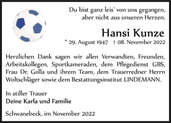 Traueranzeige von Hansi Kunze  von Magdeburger Volksstimme