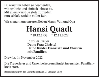 Traueranzeige von Hansi Quadt  von Magdeburger Volksstimme