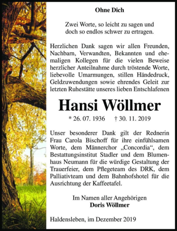 Traueranzeige von Hansi Wöllmer  von Magdeburger Volksstimme