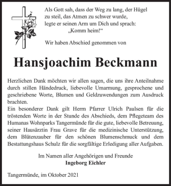 Traueranzeige von Hansjoachim Beckmann  von Magdeburger Volksstimme