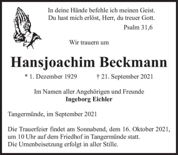 Traueranzeige von Hansjoachim Beckmann  von Magdeburger Volksstimme
