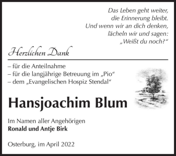 Traueranzeige von Hansjoachim Blum  von Magdeburger Volksstimme