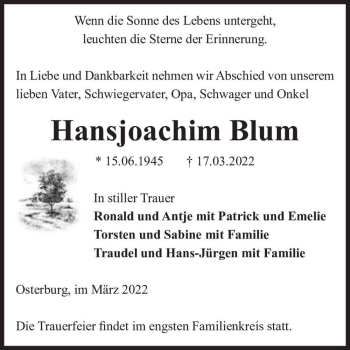 Traueranzeige von Hansjoachim Blum  von Magdeburger Volksstimme
