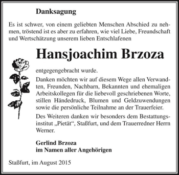 Traueranzeige von Hansjoachim Brzoza  von Magdeburger Volksstimme