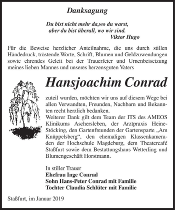 Traueranzeige von Hansjoachim Conrad  von Magdeburger Volksstimme