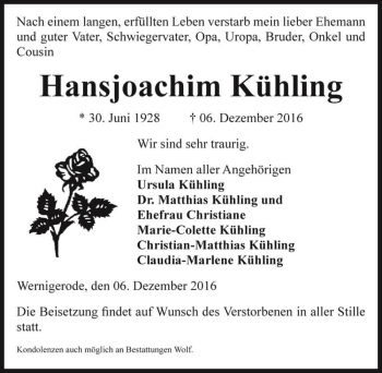 Traueranzeige von Hansjoachim Kühling  von Magdeburger Volksstimme