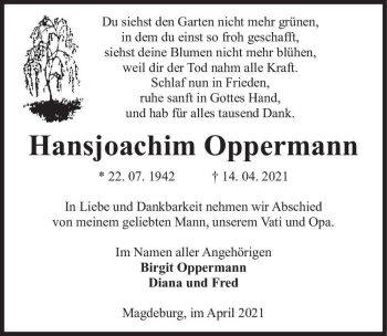 Traueranzeige von Hansjoachim Oppermann  von Magdeburger Volksstimme