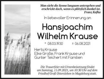Traueranzeige von Hansjoachim Wilhelm Krause  von Magdeburger Volksstimme