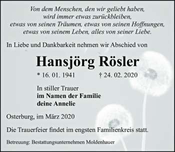 Traueranzeige von Hansjörg Rösler  von Magdeburger Volksstimme