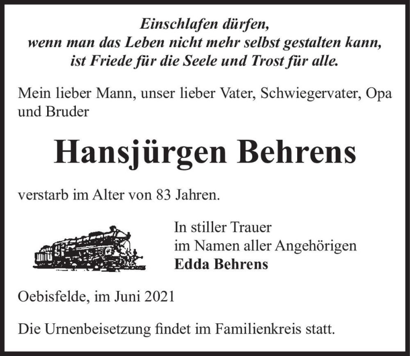  Traueranzeige für Hansjürgen Behrens  vom 30.06.2021 aus Magdeburger Volksstimme