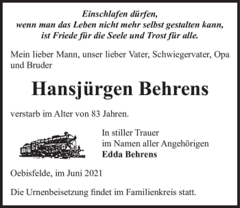 Traueranzeige von Hansjürgen Behrens  von Magdeburger Volksstimme
