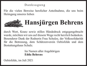 Traueranzeige von Hansjürgen Behrens  von Magdeburger Volksstimme