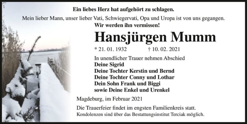  Traueranzeige für Hansjürgen Mumm  vom 13.02.2021 aus Magdeburger Volksstimme