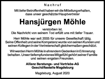 Traueranzeige von Hansjürgen Möhle  von Magdeburger Volksstimme