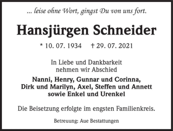 Traueranzeige von Hansjürgen Schneider  von Magdeburger Volksstimme