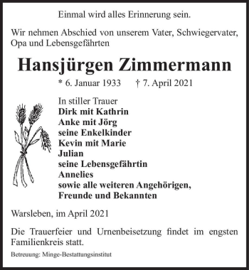 Traueranzeige von Hansjürgen Zimmermann  von Magdeburger Volksstimme