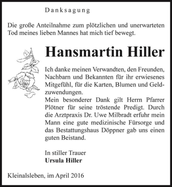 Traueranzeige von Hansmartin Hiller  von Magdeburger Volksstimme