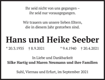 Traueranzeige von Hans und Heike Seeber  von Magdeburger Volksstimme