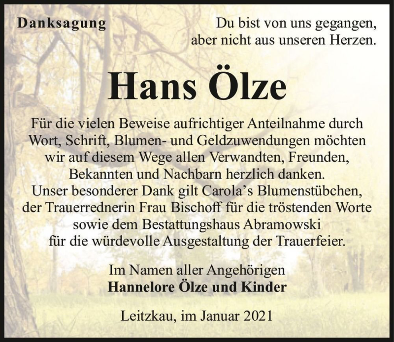  Traueranzeige für Hans Ölze  vom 06.02.2021 aus Magdeburger Volksstimme