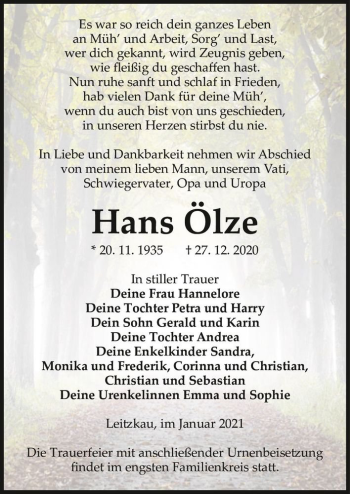 Traueranzeige von Hans Ölze  von Magdeburger Volksstimme