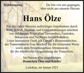 Traueranzeige von Hans Ölze  von Magdeburger Volksstimme