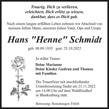 Traueranzeige von Hans “Henne“ Schmidt  von Magdeburger Volksstimme