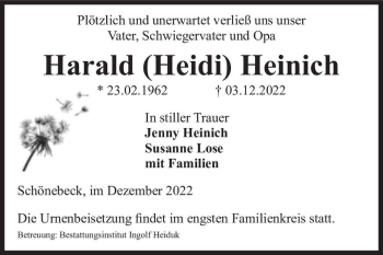 Traueranzeige von Harald (Heidi) Heinich  von Magdeburger Volksstimme