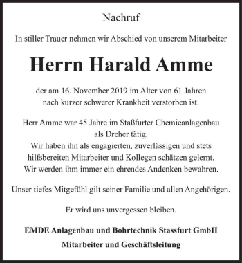 Traueranzeige von Harald Amme  von Magdeburger Volksstimme