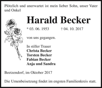 Traueranzeige von Harald Becker  von Magdeburger Volksstimme