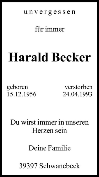 Traueranzeige von Harald Becker  von Magdeburger Volksstimme