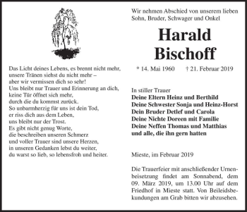 Traueranzeige von Harald Bischoff  von Magdeburger Volksstimme