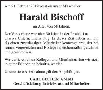 Traueranzeige von Harald Bischoff  von Magdeburger Volksstimme