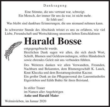 Traueranzeige von Harald Bosse  von Magdeburger Volksstimme