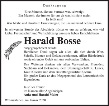 Traueranzeige von Harald Bosse  von Magdeburger Volksstimme