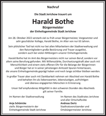 Traueranzeige von Harald Bothe  von Magdeburger Volksstimme