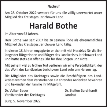 Traueranzeige von Harald Bothe  von Magdeburger Volksstimme