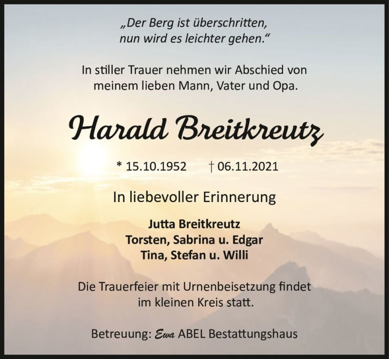  Traueranzeige für Harald Breitkreutz  vom 20.11.2021 aus Magdeburger Volksstimme