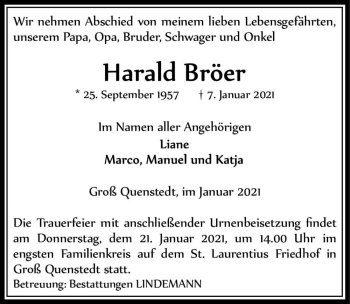 Traueranzeige von Harald Bröer  von Magdeburger Volksstimme