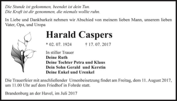 Traueranzeige von Harald Caspers  von Magdeburger Volksstimme