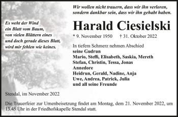 Traueranzeige von Harald Ciesielski  von Magdeburger Volksstimme