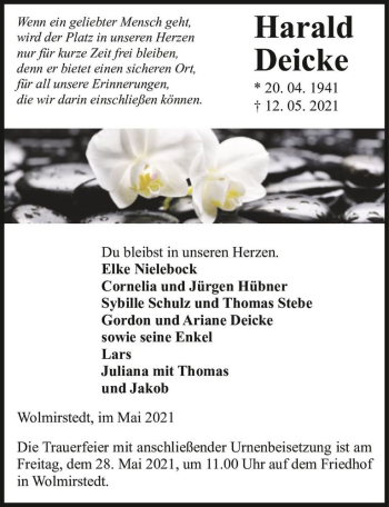 Traueranzeige von Harald Deicke  von Magdeburger Volksstimme
