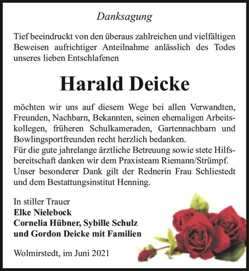  Traueranzeige für Harald Deicke  vom 12.06.2021 aus Magdeburger Volksstimme