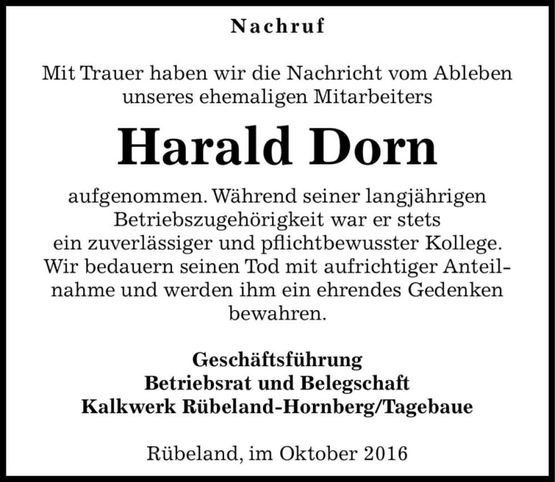  Traueranzeige für Harald Dorn  vom 05.11.2016 aus Magdeburger Volksstimme