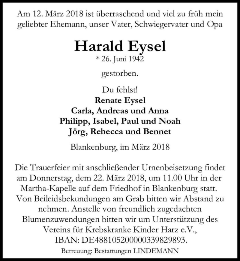  Traueranzeige für Harald Eysel  vom 17.03.2018 aus Magdeburger Volksstimme