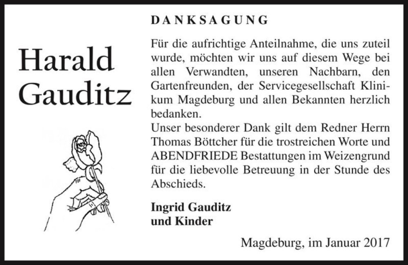  Traueranzeige für Harald Gauditz  vom 04.02.2017 aus Magdeburger Volksstimme