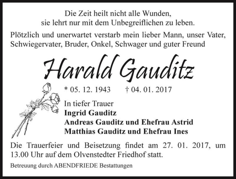  Traueranzeige für Harald Gauditz  vom 21.01.2017 aus Magdeburger Volksstimme