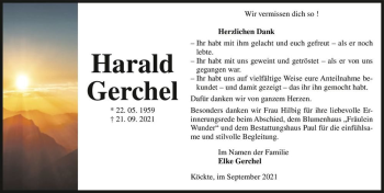 Traueranzeige von Harald Gerchel  von Magdeburger Volksstimme