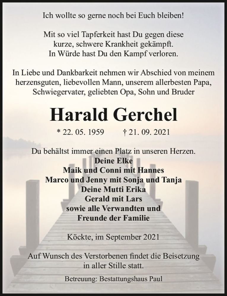  Traueranzeige für Harald Gerchel  vom 25.09.2021 aus Magdeburger Volksstimme